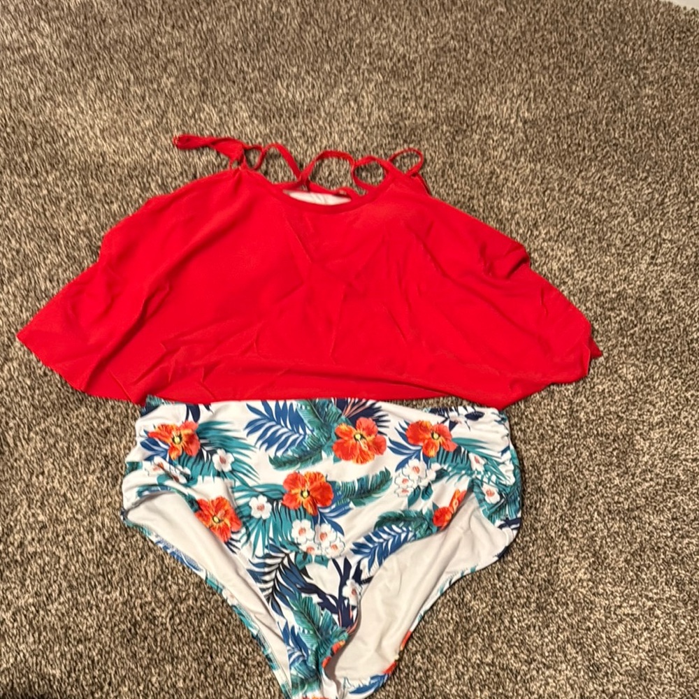 Red Bikini Top with Floral High-Waisted Bottoms